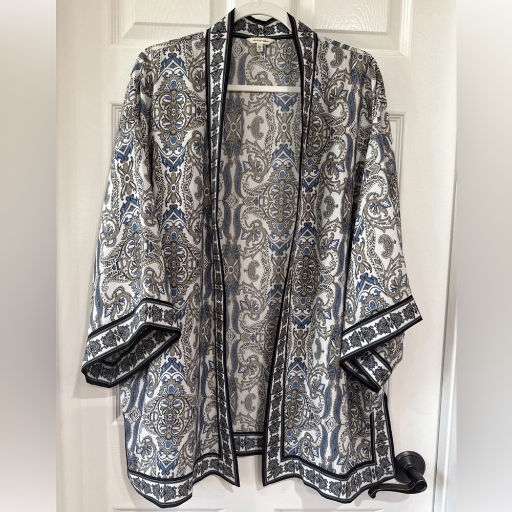 Max Studio XL 3/4 Sleeve Open Front Boho Kimono Cardigan Blue Multi Paisley EUC